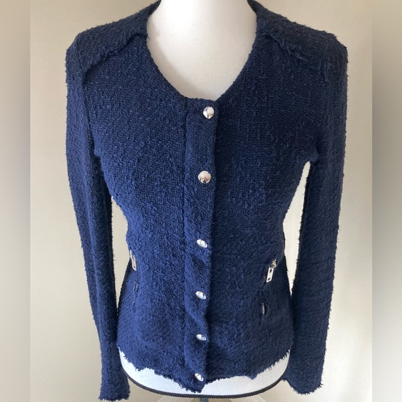 IRO Navy Blue Distressed Tweed Boucle Aggy Button Snap Zipper Jacket Size 8 - Picture 10 of 12